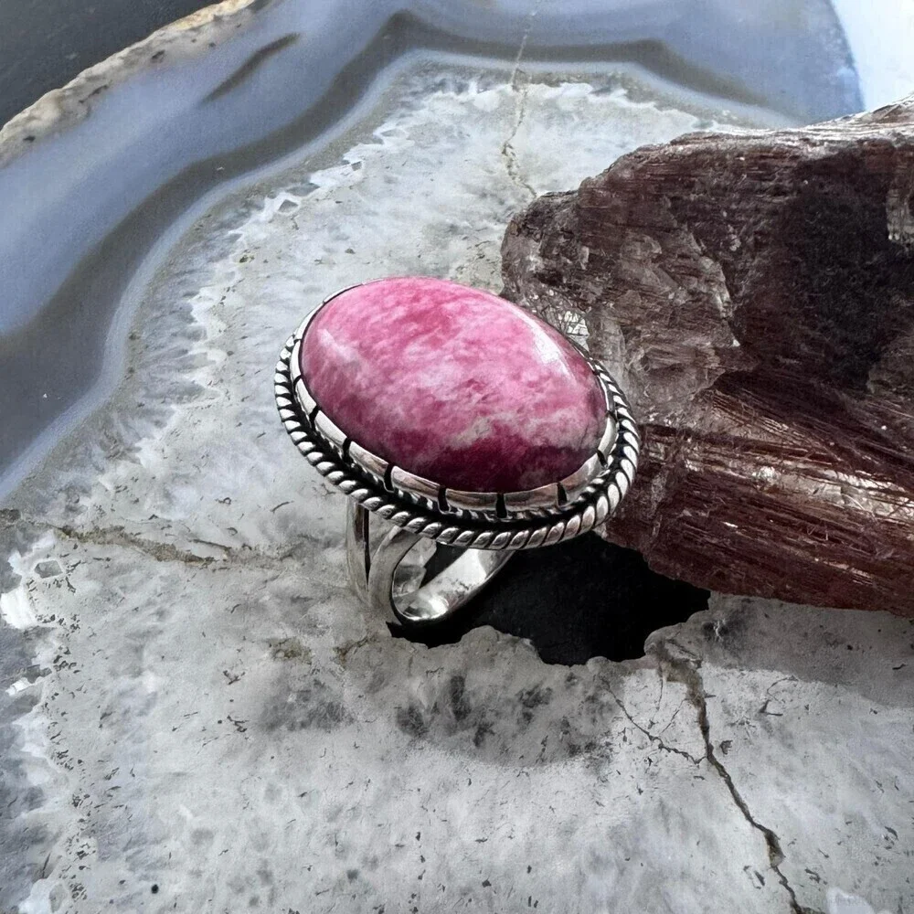 Sterling Silver Southwestern Style Oval Thulite Decorated Ring Sz 9.5 For Women
